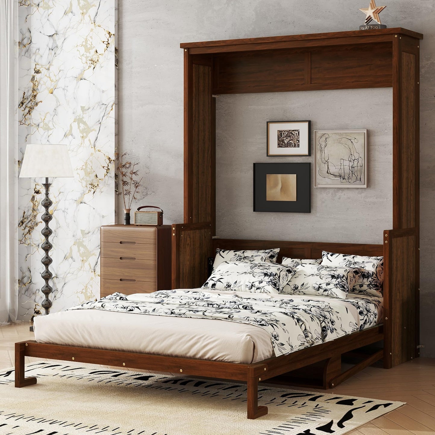 Ball & Cast Queen Size Murphy Bed W/Desk,Horizontal Hidden Wall Bed W/Gas Struts,Space-Saving Murphy Bed Cabinet for Home Office,Apartment,Guest Room,Walnut