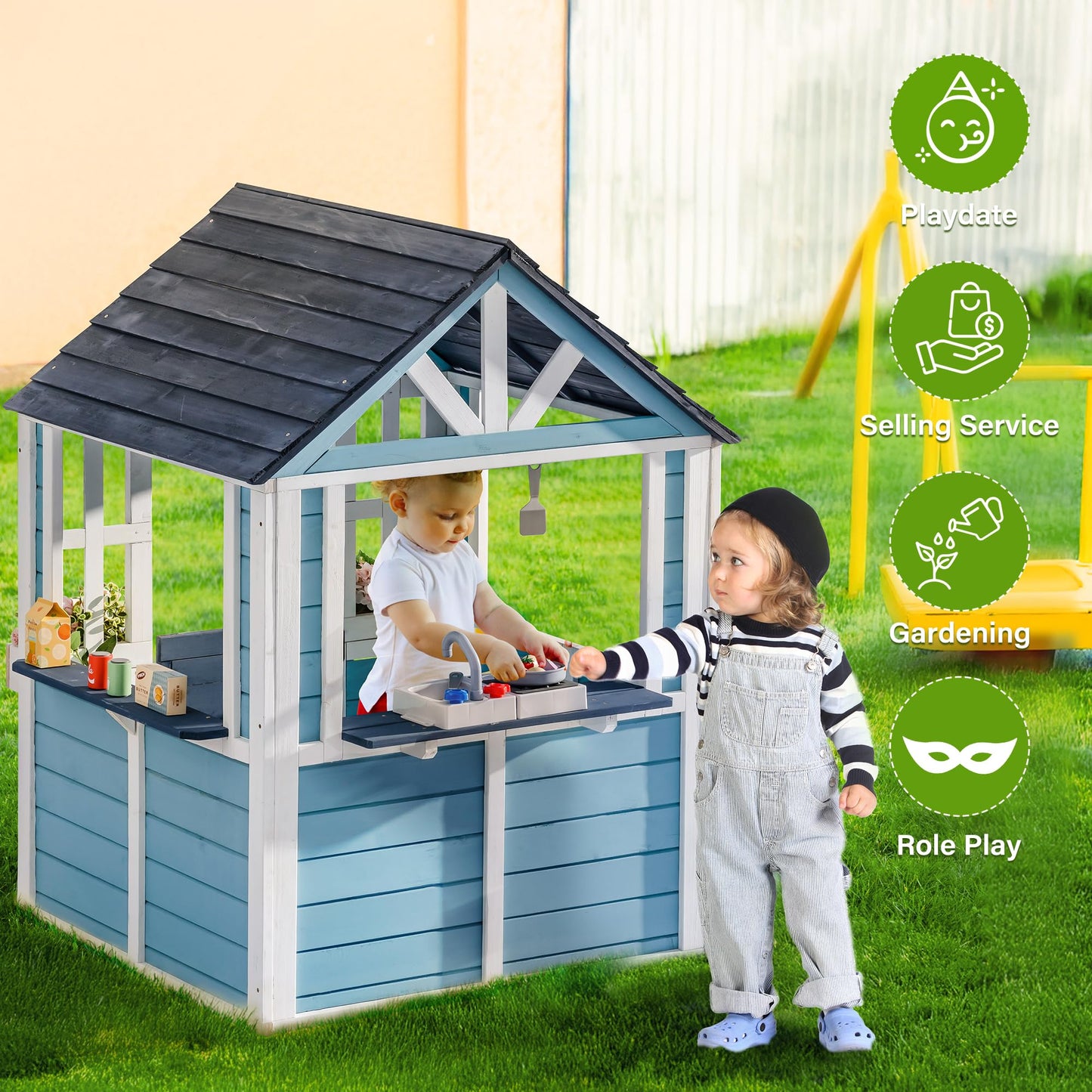 ROBUD Outdoor Playhouse, Wooden Play House for Kids Outdoor with Snack Bar, Flowerpot Holders, Sink, Stove, Cookware, Outdoor playset for Kids Ages 3+