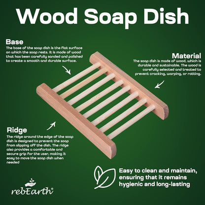 1 pack rebEarth Wood Soap Bar Dish Holder Handcrafted Stylish Square Tray | Self Draining | Keep Soap Dry | Shower