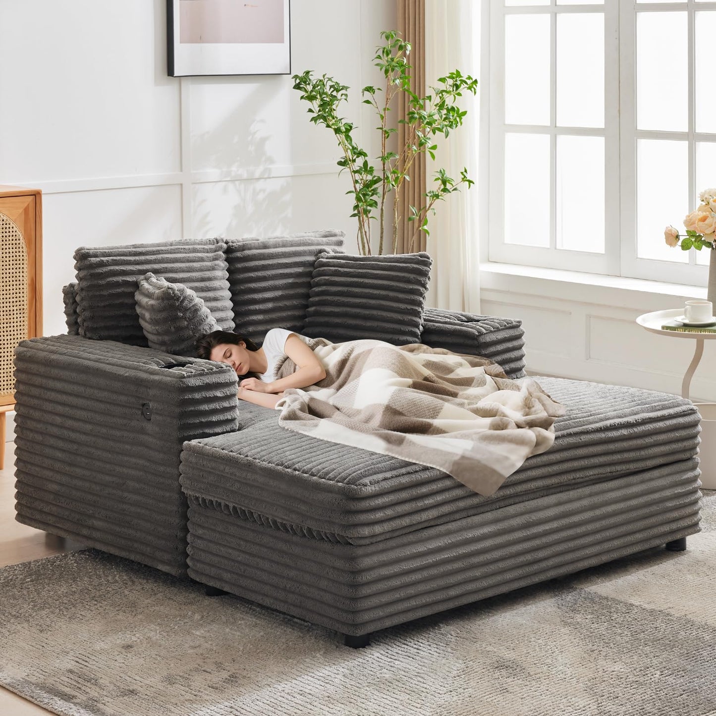 Garvee 60" Oversized Chaise Lounge Chair Indoor, Corduroy Upholstered Sleeper Sofa Bed w/Cup Holder & Charging Port, Cloud Couch Sofa Chair w/Throw Pillows & Wide Arms for Living Room, Bedroom, Gray