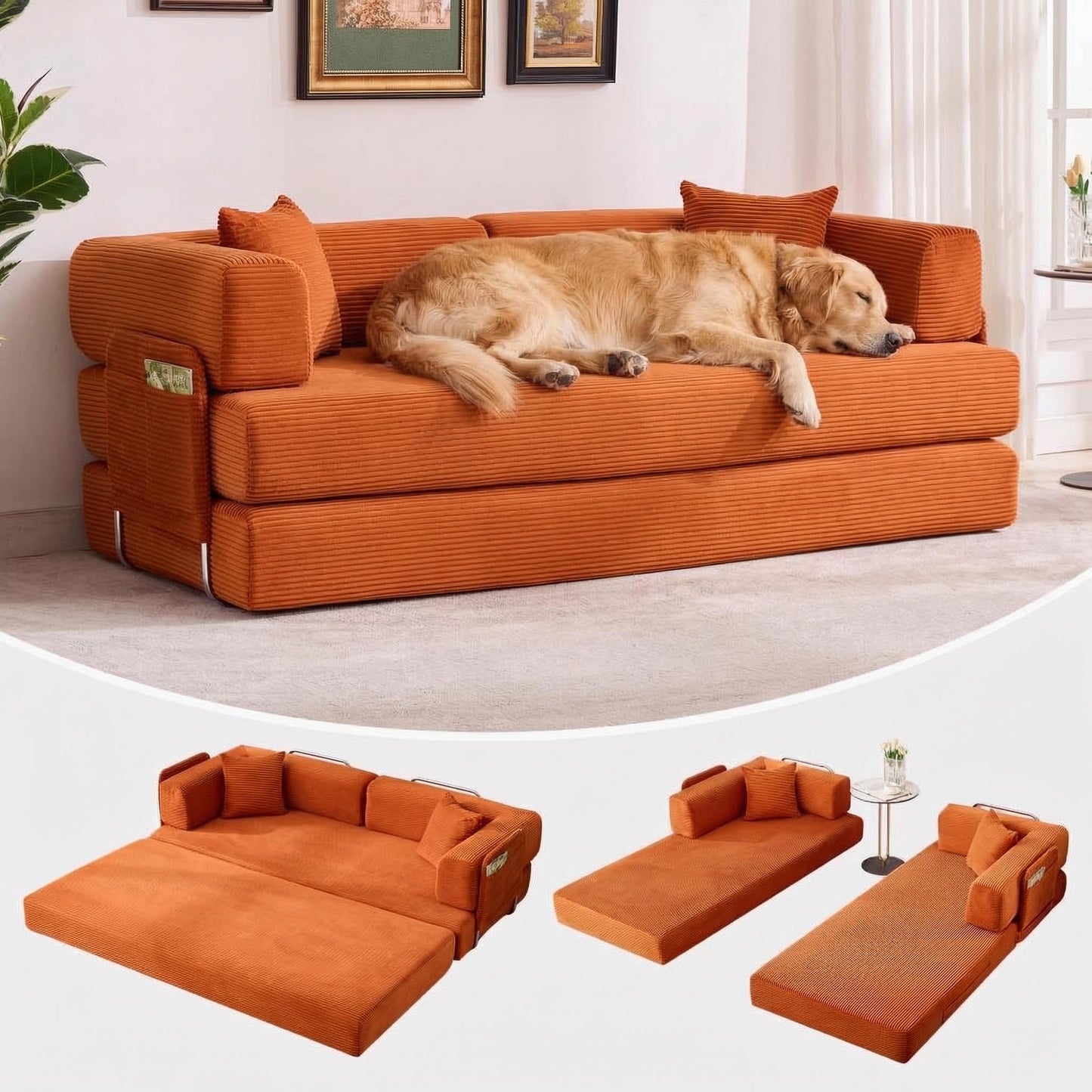 IDEALHOUSE Convertible Sofa Bed 5-in-1, 78.8 Inch Folding Futon Couch with Pull Out Bed, Corduroy Upholstered No-Assembly Loveseat Sleeper for Living Room, Bedroom, Lounge, Orange