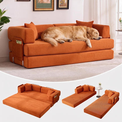 IDEALHOUSE Convertible Sofa Bed 5-in-1, 78.8 Inch Folding Futon Couch with Pull Out Bed, Corduroy Upholstered No-Assembly Loveseat Sleeper for Living Room, Bedroom, Lounge, Orange