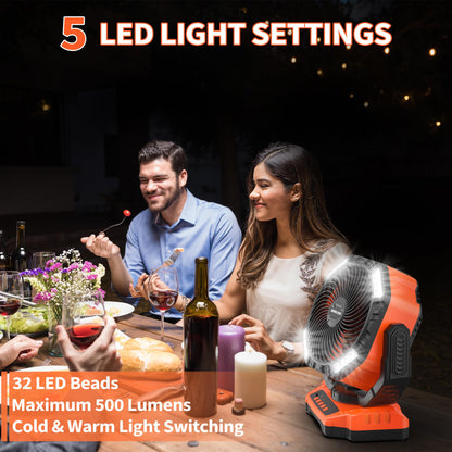 MORECORE 68HRS Running Camping Fan with Light, 20000mAh Battery Rechargeable, Powerful 4 Speeds & Auto Oscillating, with Timer & Hook, for Travel Tent RV Emergency Hurricane Jobsite Garage-Orange