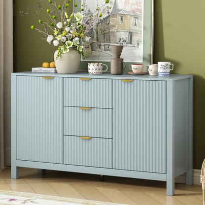 GDFStudio 47.2" Modern Buffet Cabinet with 3 Drawers & Adjustable Shelves, Wave Pattern Sideboard Cabinet with Doors, Coffee Bar Cabinet Credenza Storage Cabinet for Dining Room Living Room, Cyan