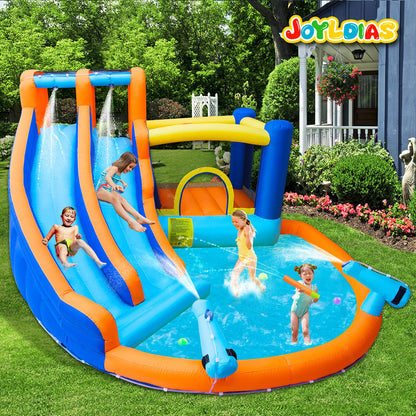 JOYLDIAS Inflatable Water Slide Bounce House,Giant Water Park, Double Slide Bouncer Castle w/Splash Pool, Jump Area, Climbing Wall, 550W Air Blower for Kids Backyard Indoor Outdoor Use,Free Water Gun