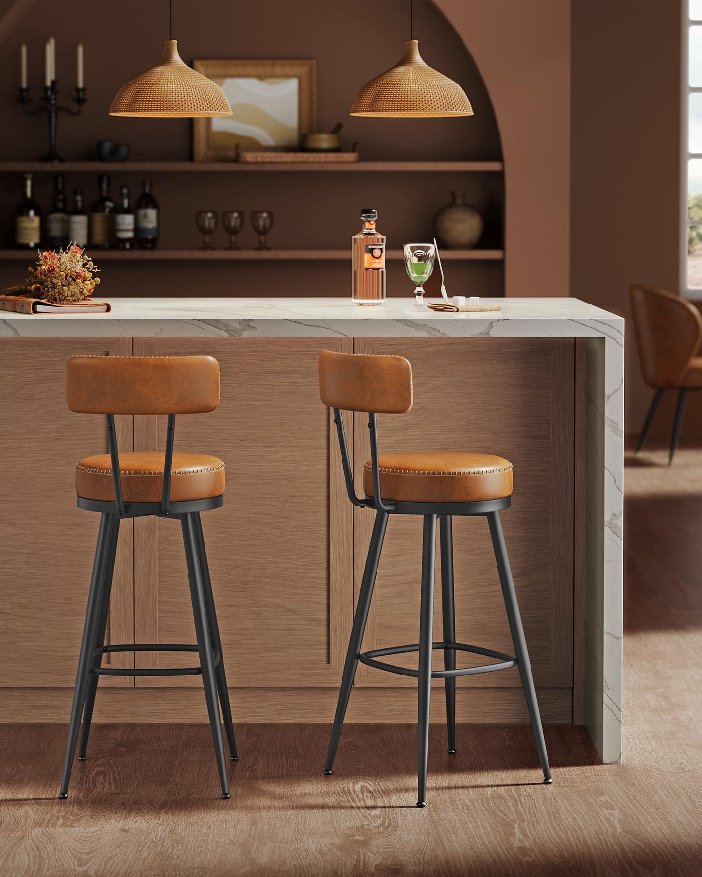 VASAGLE EKHO Collection - Bar Stools Set of 4, Swivel Bar Height Bar Stools with Back, Synthetic Leather with Stitching, Mid-Century Modern, 30-Inch Tall Barstools for Kitchen Home Bar, Caramel Brown