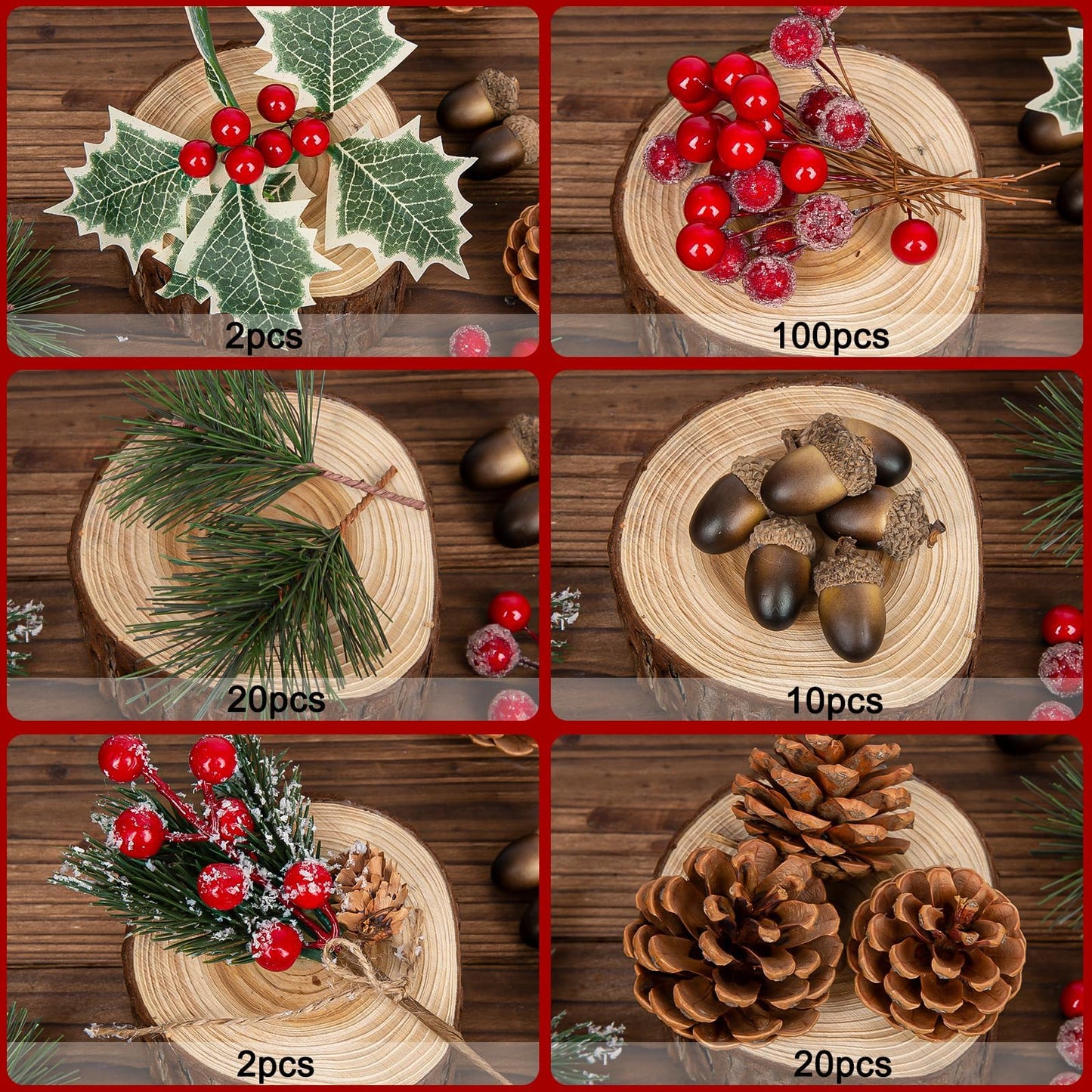 Christmas Pine Cones for Crafts Decorations 144PCS Natural Pine Cones & Artificial Pine Branch & Red Berry & Berry Stems Bulk, for DIY Crafts, Christmas Wreath & Bowl & Vase Filler, Table Decor