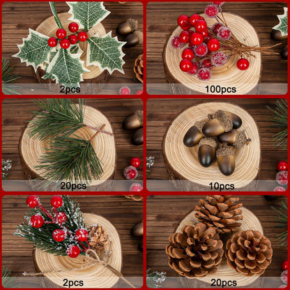 Christmas Pine Cones for Crafts Decorations 144PCS Natural Pine Cones & Artificial Pine Branch & Red Berry & Berry Stems Bulk, for DIY Crafts, Christmas Wreath & Bowl & Vase Filler, Table Decor