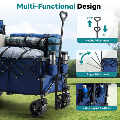 DUMOS 49''L Collapsible Extended Wagon with 440LBS Capacity, Heavy Duty Wagons Garden Cart with All-Terrain Big Wheels & Drink Holders, 250L Foldable Carts for Sports, Shopping, Camping, Blue