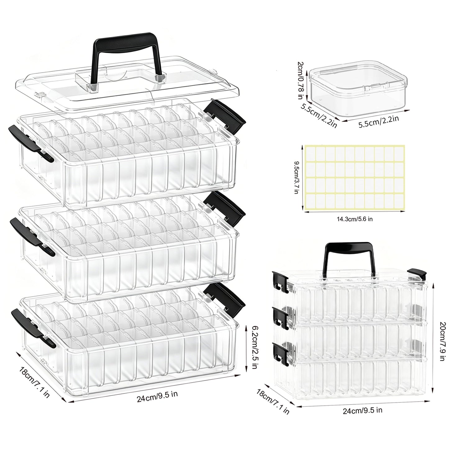 VANSUNS 3-Tier Large Capacity Stackable Bead Organizer Box 90 Pcs, Portable Plastic Craft Storage Containers for Jewelry Making, Bracelets, DIY, Nail Art Charms