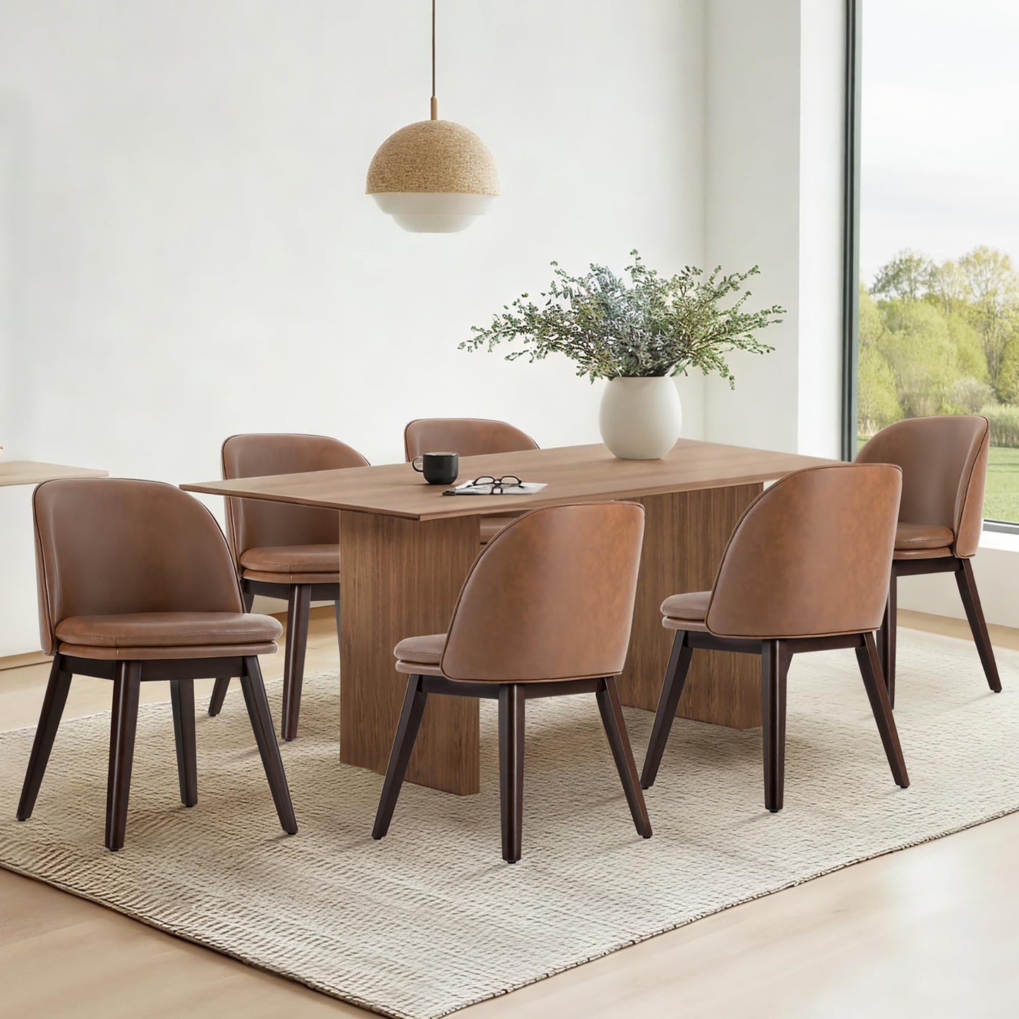 KISLOT Wooden Dining Chairs Set of 4, Faux Leather Upholstered Modern Dining Room Chairs with Double-Layer Thick Seat Cushion & Ergonomic Backrest for Restaurant, Kitchen and Café, Brown, 2 Boxs