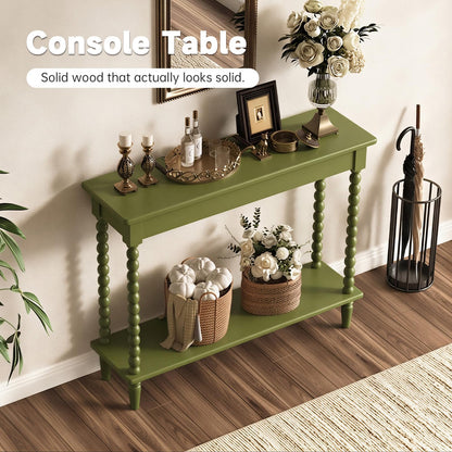 NKGIAG 45'' Vintage Console Table, 100% Solid Wood Tall Entryway Table with 2-Tier Storage for Entrance, Hallway, Foyer, Living Room, Narrow Couch Table Behind Sofa, Minimal Assembly, Green