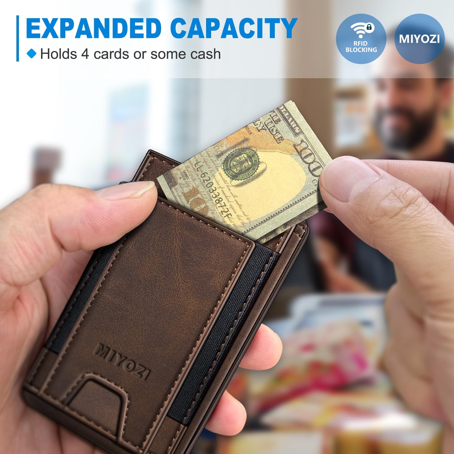 miyozi Wallet for Men, Slim Pop Up Card Holder - RFID Blocking Minimalist Bifold Wallet with ID Window, Holds 9-11 Cards & Stretchable Strap, Metal Flip Case with Magnetic Closure, Gift Box