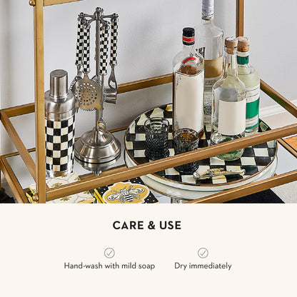 MACKENZIE-CHILDS 3260 Bar-Tool Set, 5-Piece Set with Stainless-Steel Jigger, Strainer, Bottle Opener, Mixing Spoon, Knife, and Stand, Black-and-White Courtly Check