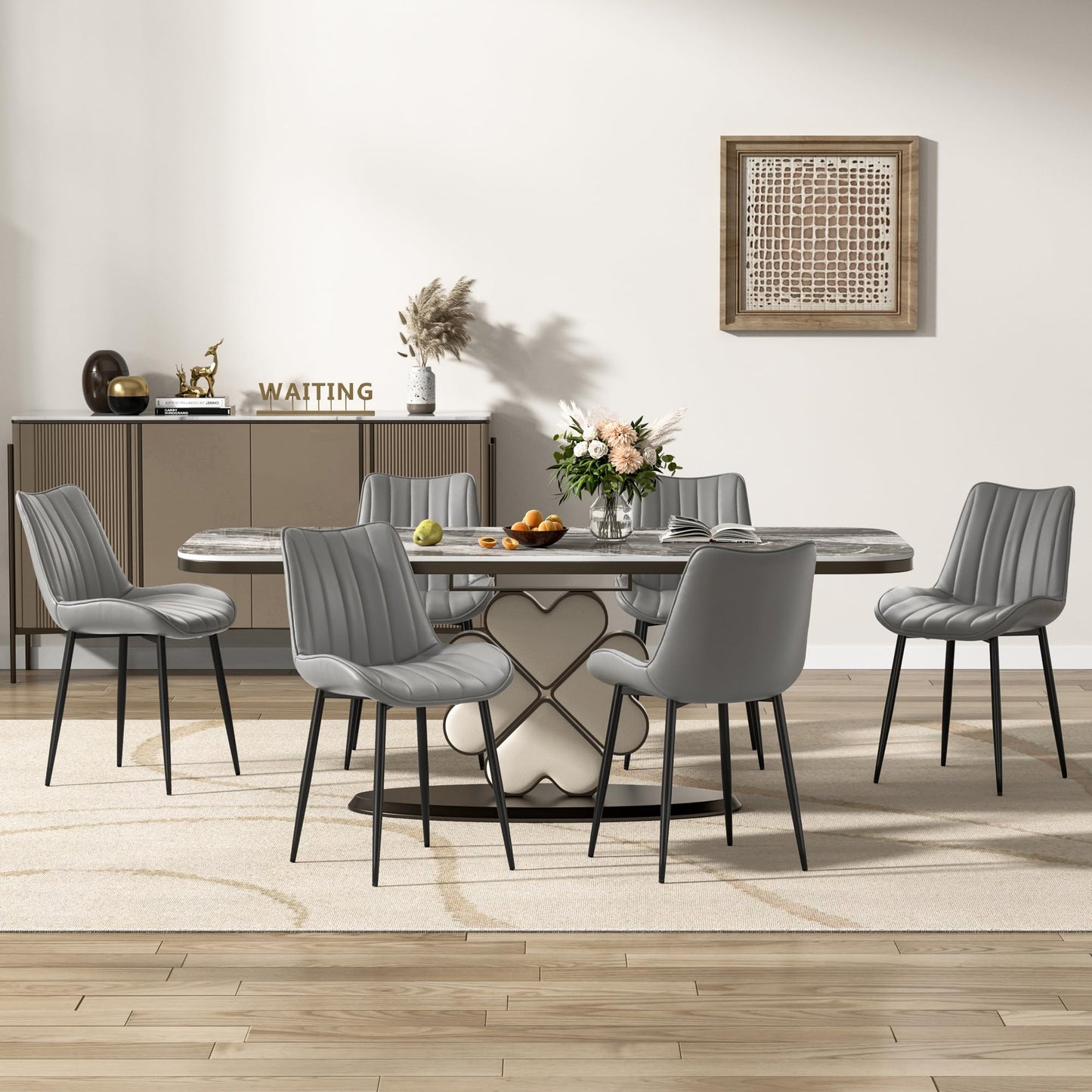 VECELO Dining Chairs Set of 6, Upholstered Kitchen Chairs with Comfortable Faux Leather Cushions and Neat Stitching, Mid-Century Modern, Easy Assembly, Grey