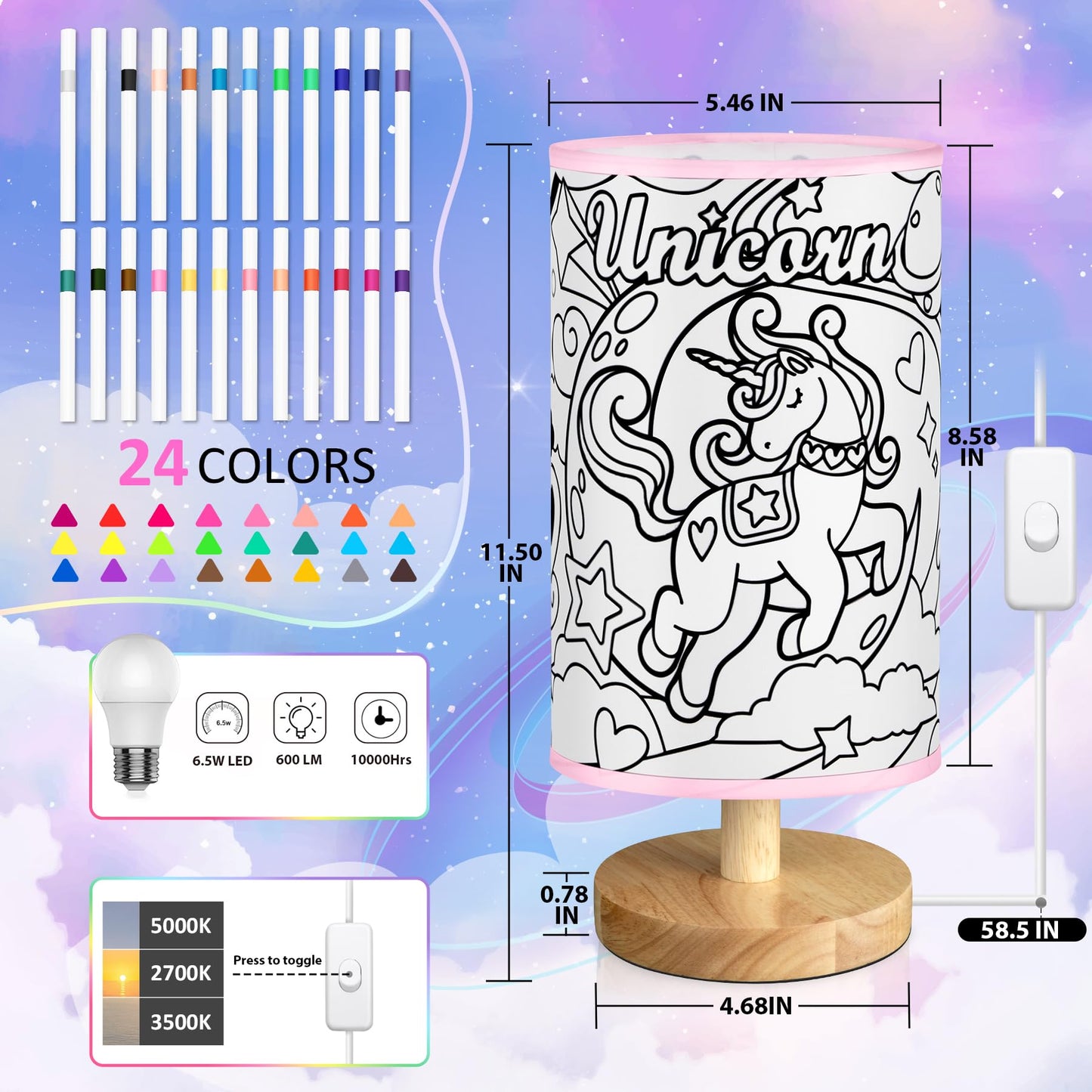 Unicorn Lamp for Kids, Birthday Gifts for Girls Ages 6 7 8 9 10 11 12 Year Old, Bedside Table Lamp for Bedroom, 3 Way Small Lamps for Nightstand, Paint You Own Unicorn Lamp Kit Toys, Art Supplies Toy
