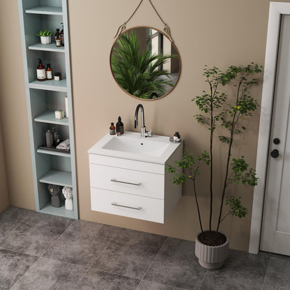 KEIKI 24" Gloss Wall-Mounted Bathroom Vanity with Ceramic Sink, Double Soft-Close Drawers, Modern Minimalist Design