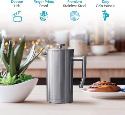 Belwares 34 oz French Press Coffee Maker, Double Insulated Stainless Steel with 2 Extra Screens and Coffee Spoon