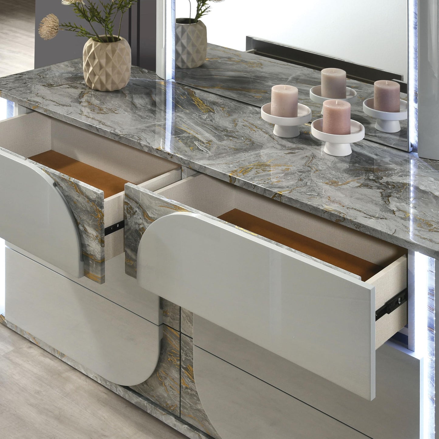 Furniture of America Bruna Modern Contemporary Wood 62.5-inch 6-Drawer Dresser with Plinth Base, Touch-Control LED, Replicated Marble Accents for Bedroom, Guest Room, Light Gray