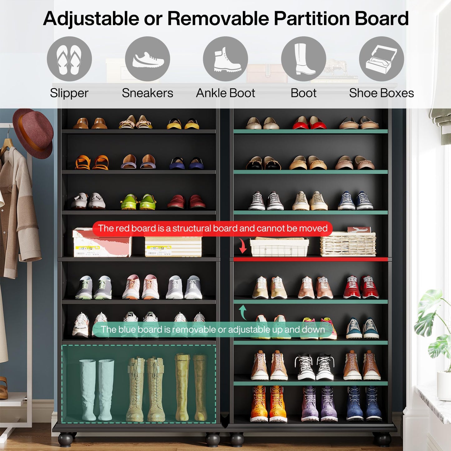Tribesigns Narrow Tall Shoe Cabinet with LED Lighting, 9-Tier 30 Pairs Freestanding Shoes Storage Cabinet, Wood Shoe Organizer Cabinet with Solid Wooden Legs for Entryway (2, Black)