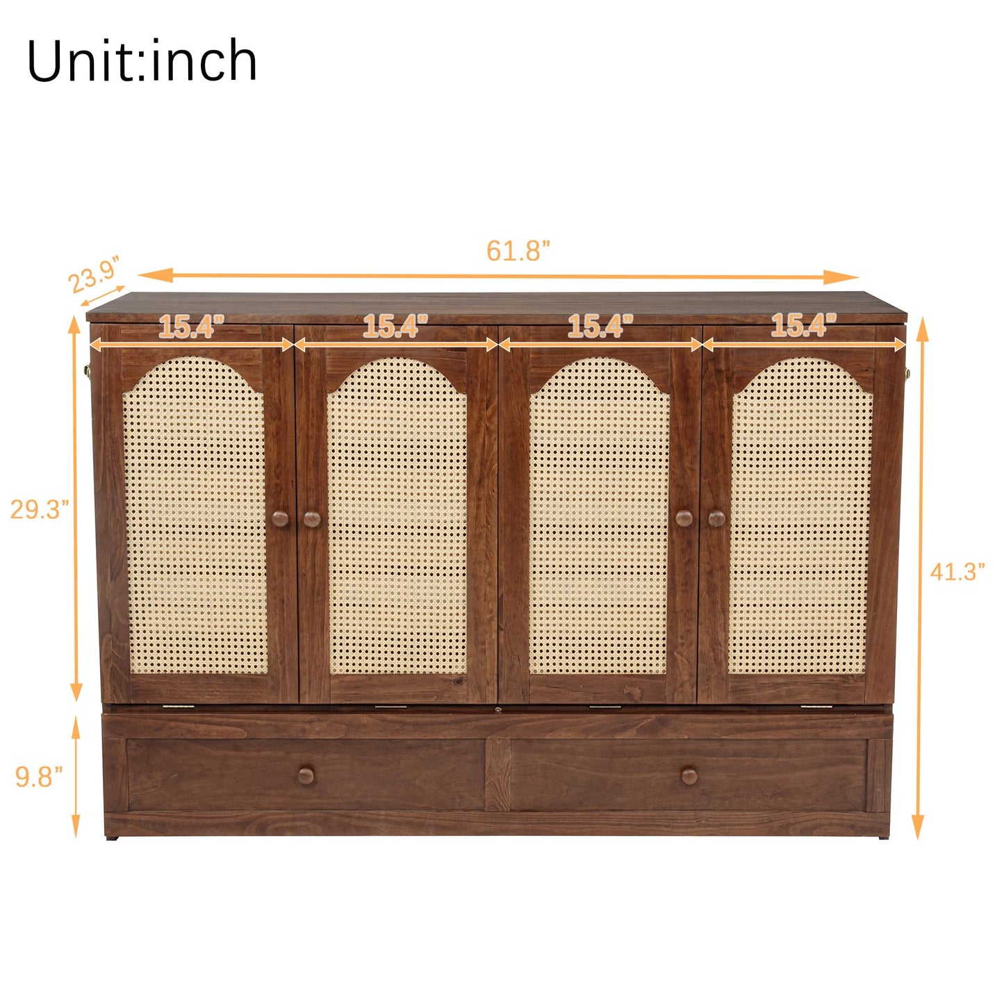 GDFStudio Queen Size Murphy Bed Cabinet with Rattan Panel, Built-in Power Station, Pine Wood Cabinet Bed with Storage Drawer, Foldable Queen Beds for Guest Rooms, Small Spaces, Living Rooms, Walnut
