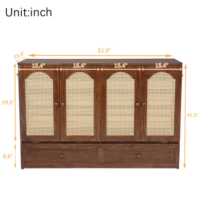GDFStudio Queen Size Murphy Bed Cabinet with Rattan Panel, Built-in Power Station, Pine Wood Cabinet Bed with Storage Drawer, Foldable Queen Beds for Guest Rooms, Small Spaces, Living Rooms, Walnut