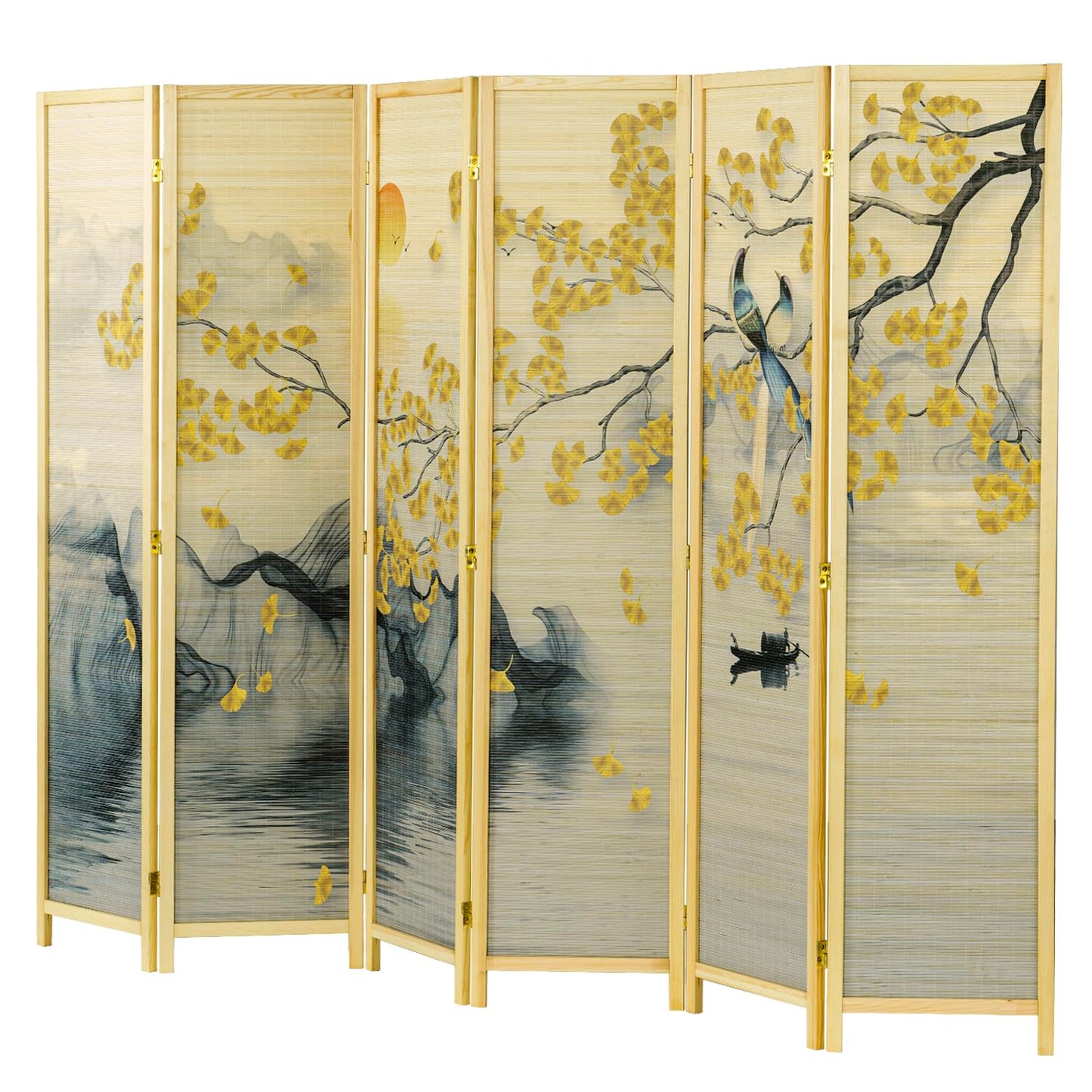 MyGift 6 Panel Large Bamboo Room Divider with Dual Sided Asian Birds Gingko Biloba Tree Sunset Design Print, 6FT Freestanding Artwork Privacy Partition Folding Screen with Beige Solid Wood Frame
