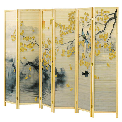 MyGift 6 Panel Large Bamboo Room Divider with Dual Sided Asian Birds Gingko Biloba Tree Sunset Design Print, 6FT Freestanding Artwork Privacy Partition Folding Screen with Beige Solid Wood Frame