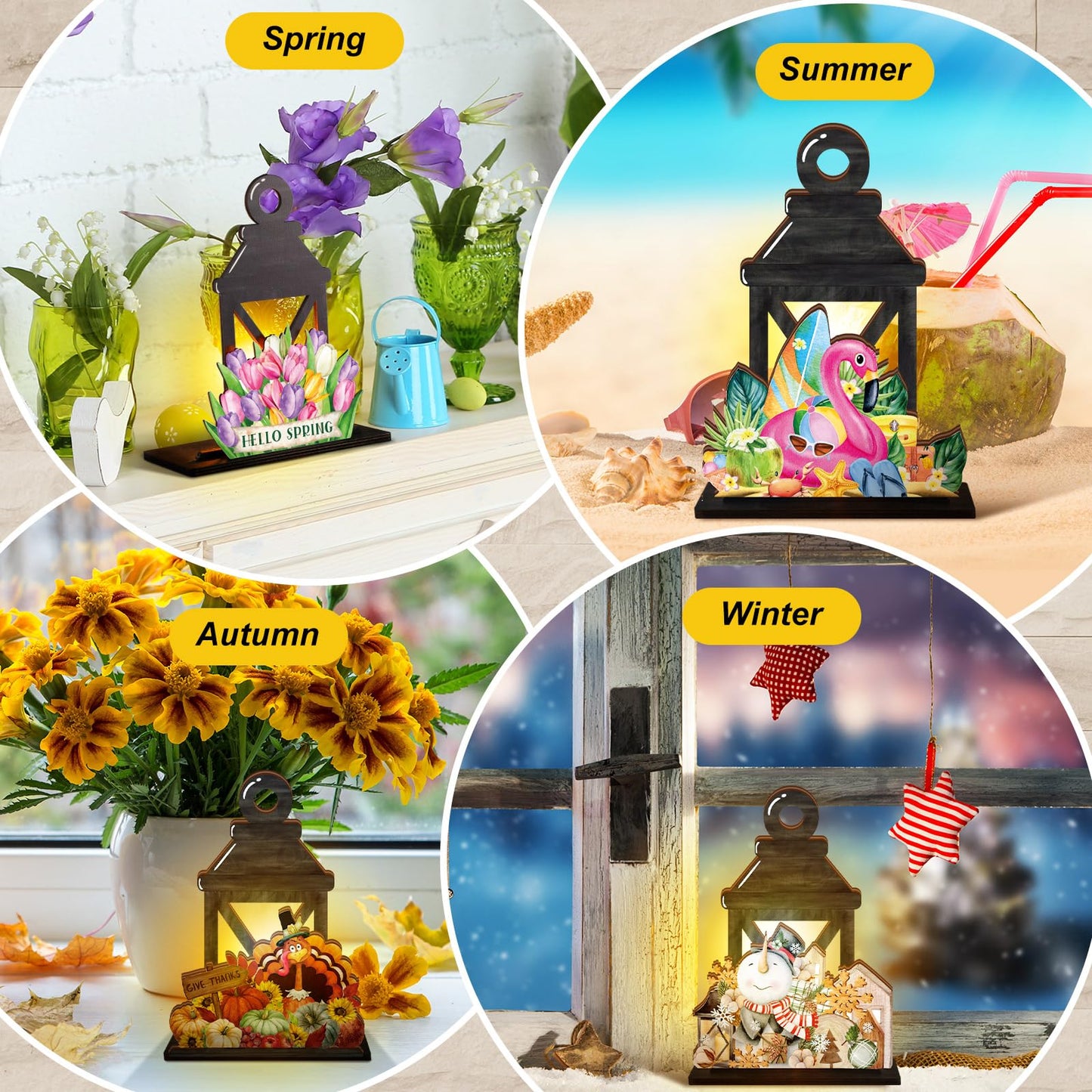 Yousoontic 4th of July Lighted Table Decor Interchangeable Seasonal Table Lantern Decor with 16 Holiday Spring Summer Wooden Signs 4 LED for Home Office Desk Welcome Ornaments Gift