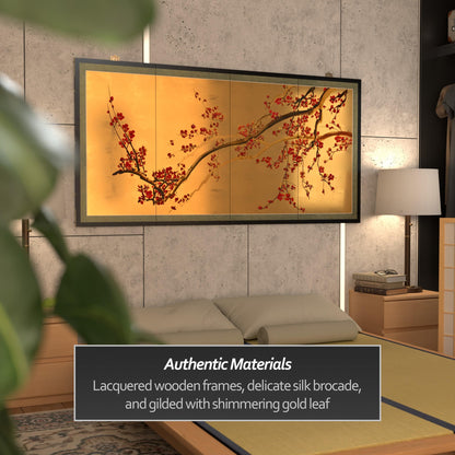 Red Lantern 36" x 72" Plum Tree on Gold Leaf Silk Screen
