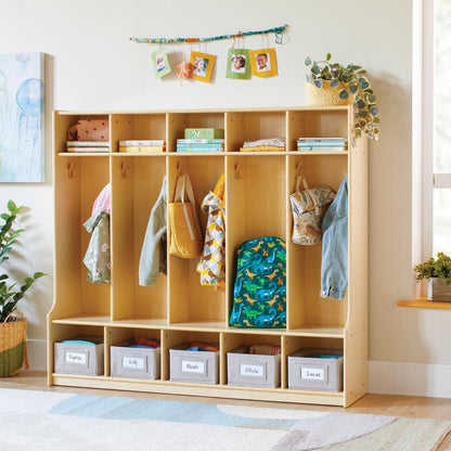 Guidecraft EdQ 5-Section Wooden Storage Locker with Bench Seat for Classroom, Kids Cubby Organizer with Shelves and Hooks for Coats, Divided Playroom Storage with Bins