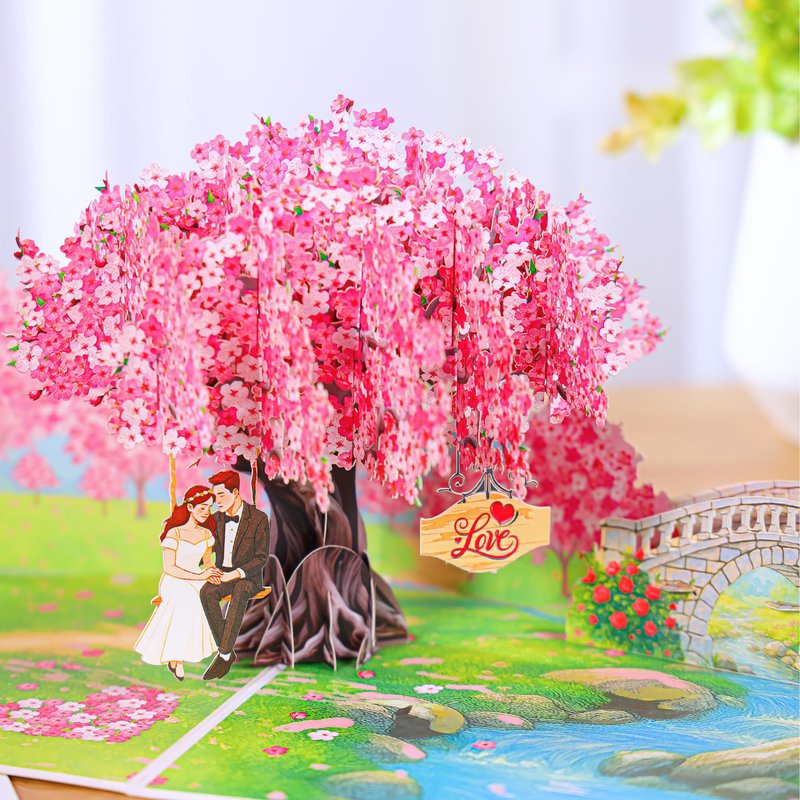 Pop Up Valentines Cards, 3D Cherry Blossoms and Swing Couple in Love, Anniversary, Wedding Cards for Wife, Husband, Her, Him, Girlfriend, Ideal Gift for Birthday, Wedding, Valentine's Day, Mothers Day