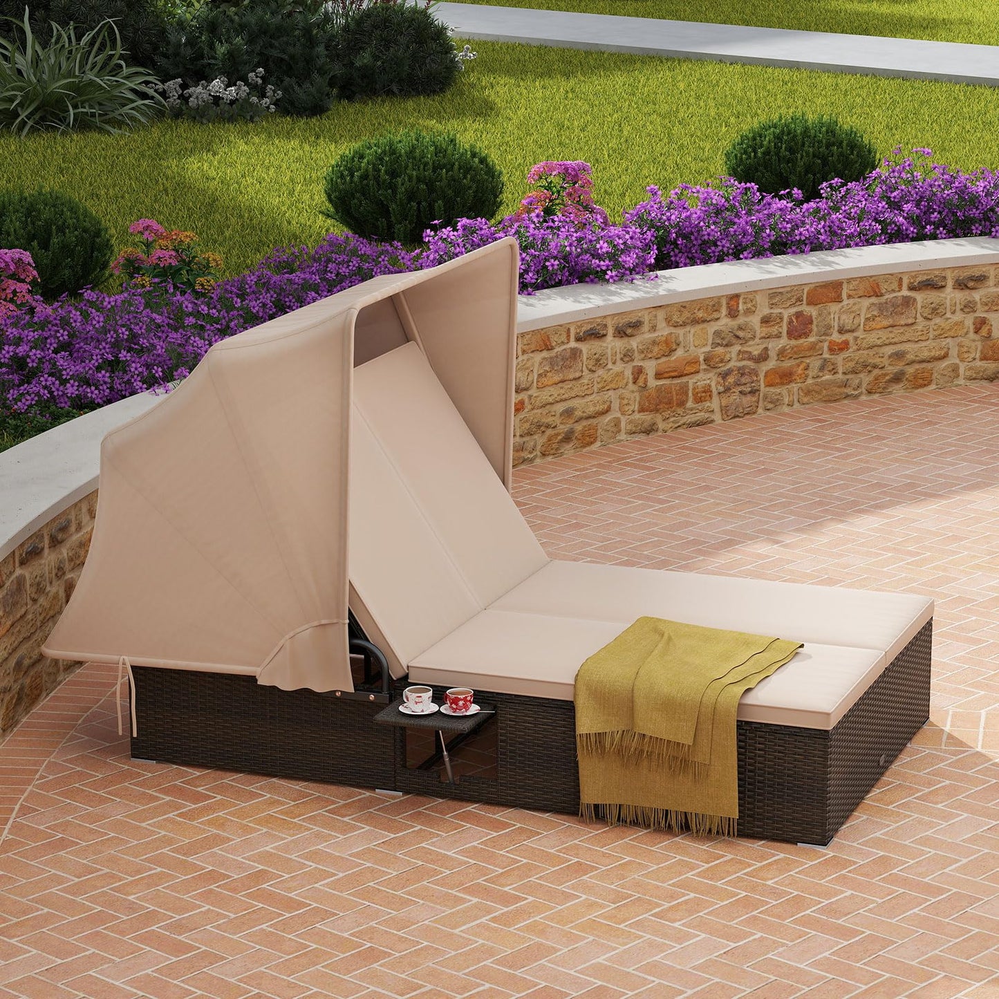 HAPPYGRILL Outdoor Rattan Daybed with Retractable Canopy, 2-Person Lounge Bed with 5-Position Adjustable Backrest, Foldable Side Shelves, Patio Double Sunbed Conversation for Yard Porch