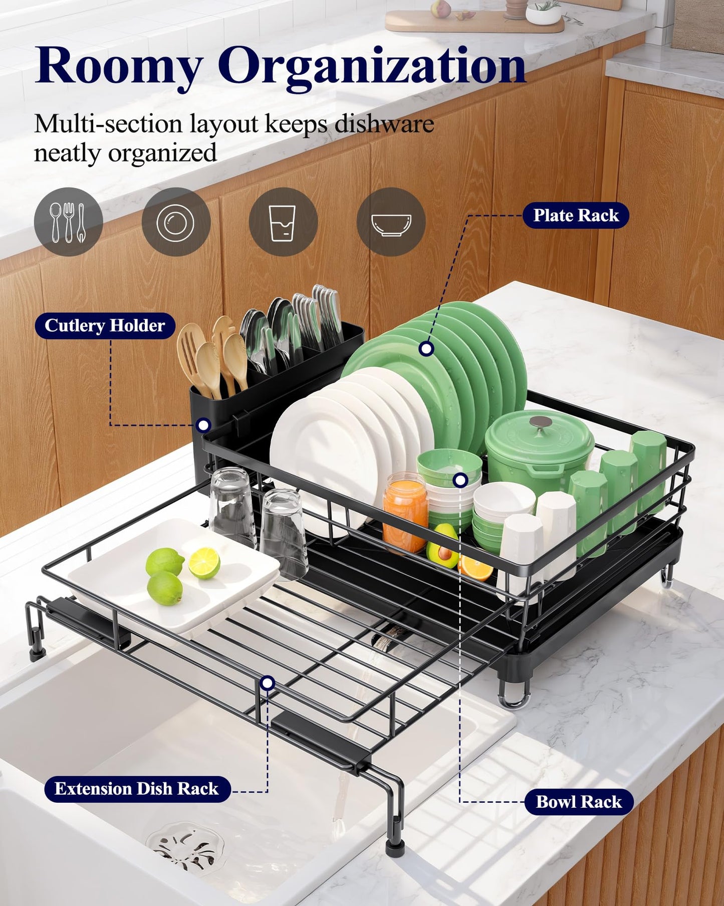 Kitsure Extendable Dish Drying Rack - Rust-Resistant Dish Racks for Kitchen Counter with Adjustable Support Legs, Cutlery Holder & Removable Draining Tray (Black, 15.6''-25.2''L × 16.9''W × 8.1''H)