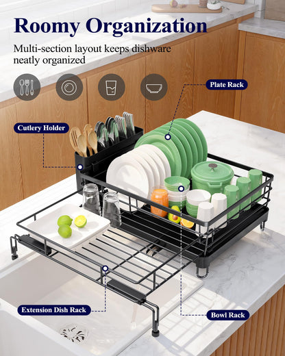 Kitsure Extendable Dish Drying Rack - Rust-Resistant Dish Racks for Kitchen Counter with Adjustable Support Legs, Cutlery Holder & Removable Draining Tray (Black, 15.6''-25.2''L × 16.9''W × 8.1''H)