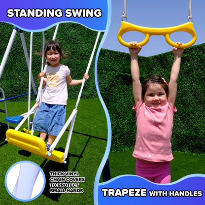 Sportspower Super 9 Metal Swing Set for Outdoor Backyard Play: Teeter Totter, Glide Ride, Roman Glider, Standing Swing, Trapeze, 5ft Slide, Anchor Kit, 7.5' D × 17.1' W × 6.1' H