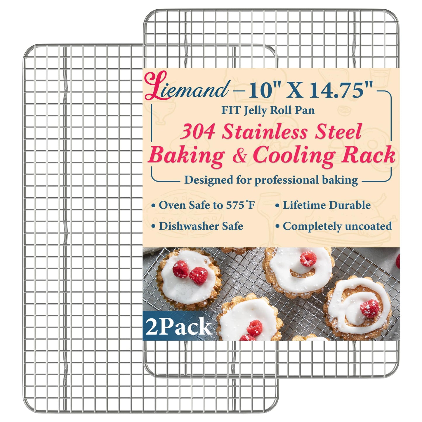 Cooling Racks for Cooking and Baking - 10"x14.75" Oven Safe Premium Stainless Steel Heavy Duty Baking Rack Tight-Wire, Fits Jelly Roll Pan Rack for Roasting & Grilling & Cooking - Set of 2