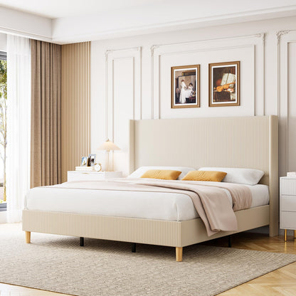 IDEALHOUSE King Size Upholstered Bed Frame with Channel Tufted Wingback Headboard, Wooden Slat Support, Noise-Minimizing Design, No Box Spring Needed, Beige