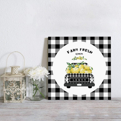 Canvas Wall Art - Black Grey Buffalo Plaid Farm Truck Carry Lemons, Rustic Farmhouse Style Decor, 16'' x 16'' Framed