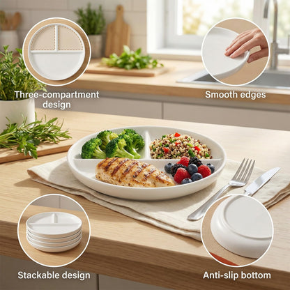 Enjamyo 2 Pcs Ceramic Portion Control Plate, 9 Inch Divided Plate, 3-Compartment Portion Plate, White Dinner Plates for Adults Weight Loss Healthy Eating Bariatric