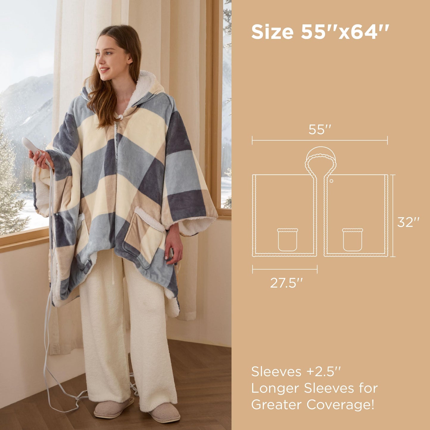 Bedsure Heated Blanket Wearable Shawl - Electric Wrap Poncho Blanket Hoodie for Adult, Birthday Gifts for Mom Women, Sherpa Heating Throw with 4 Time Settings & 6 Heat Settings, 55x64 inches, Grey