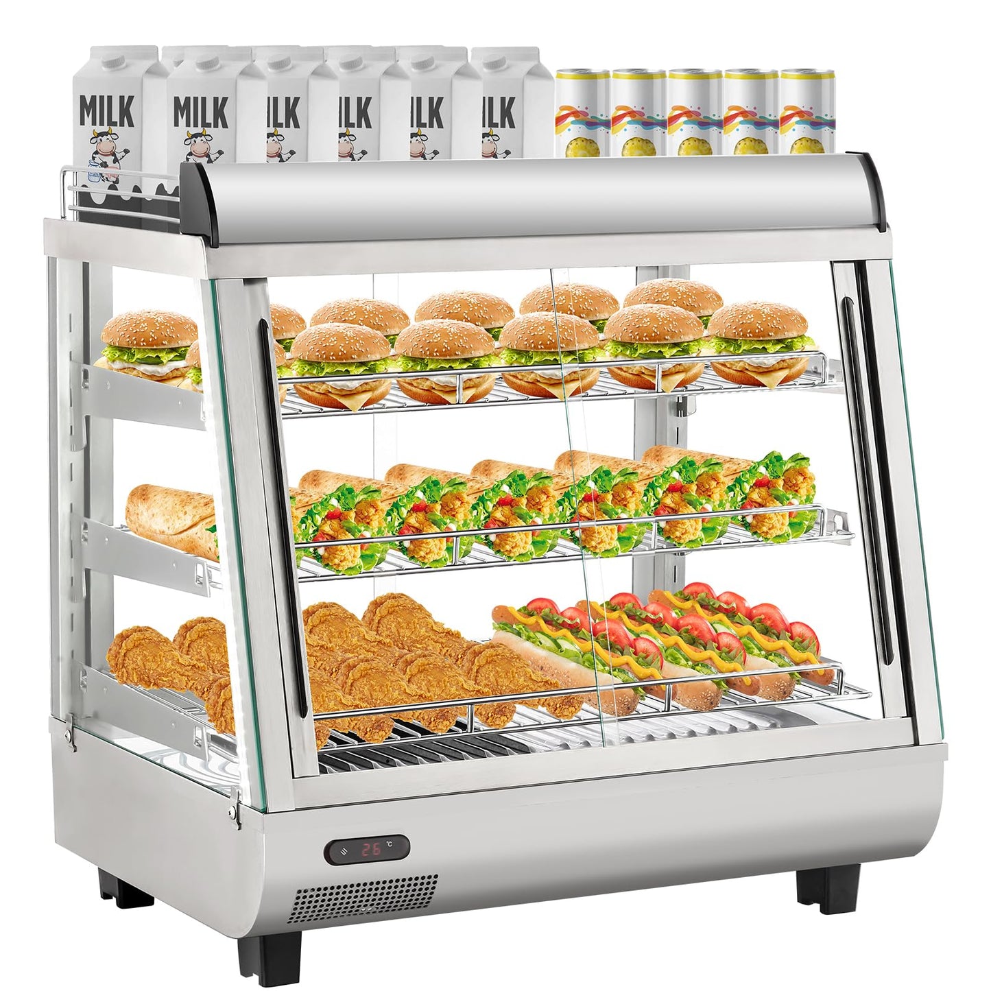 GAOMON Commercial Countertop Display Warmer, 3 4 Cu Ft Food Display Case, Stainless Steel Glass Showcase, Adjustable Temperature Control, 2 Door Heated Case for Cafe Bakery Concession Stand, Silver
