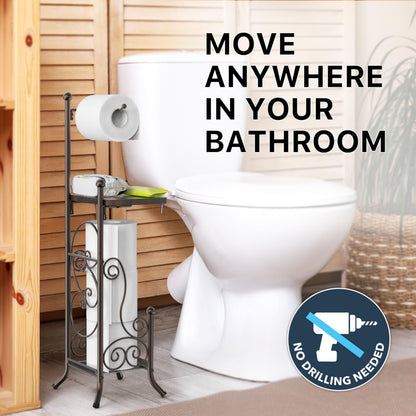 Simple Houseware English Style Bathroom Toilet Tissue Roll Holder Stand with Shelf, Bronze