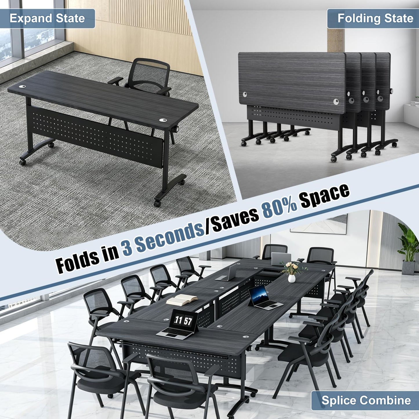 Folding Conference Room Tables with Wheels, Modular Conference Table Foldable Mobile Office Training Tables, Seminar Rolling Flip Top Nesting Meeting Table Space-saving for Classroom, Black 8Pack