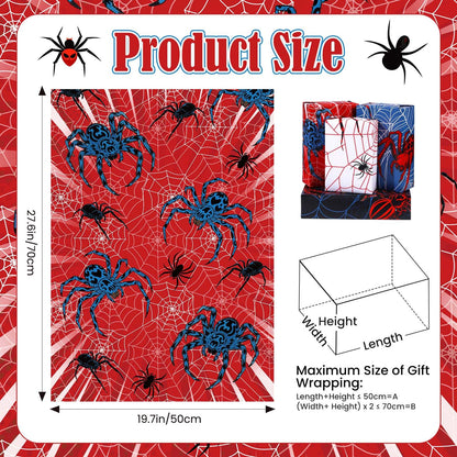 Pineraap 12 Sheets Spider Wrapping Paper, Spider Web Gift Wrap Blue Red Gift Packing for Boys Men Birthday Party DIY Crafts, 19.7 x 27.6 Inch