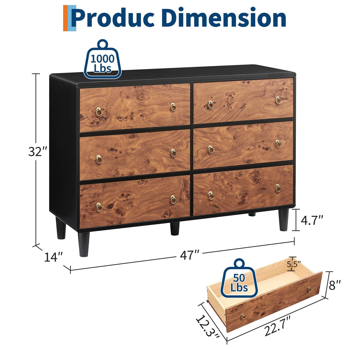 IDEALHOUSE 6 Drawers Dresser for Bedroom, 47" Wide Modern Chest of Drawers with Vintage Circle Handle w/Curved Profile Design, Wood Dresser for Living Room, Hallway, Entryway, Natural Oak