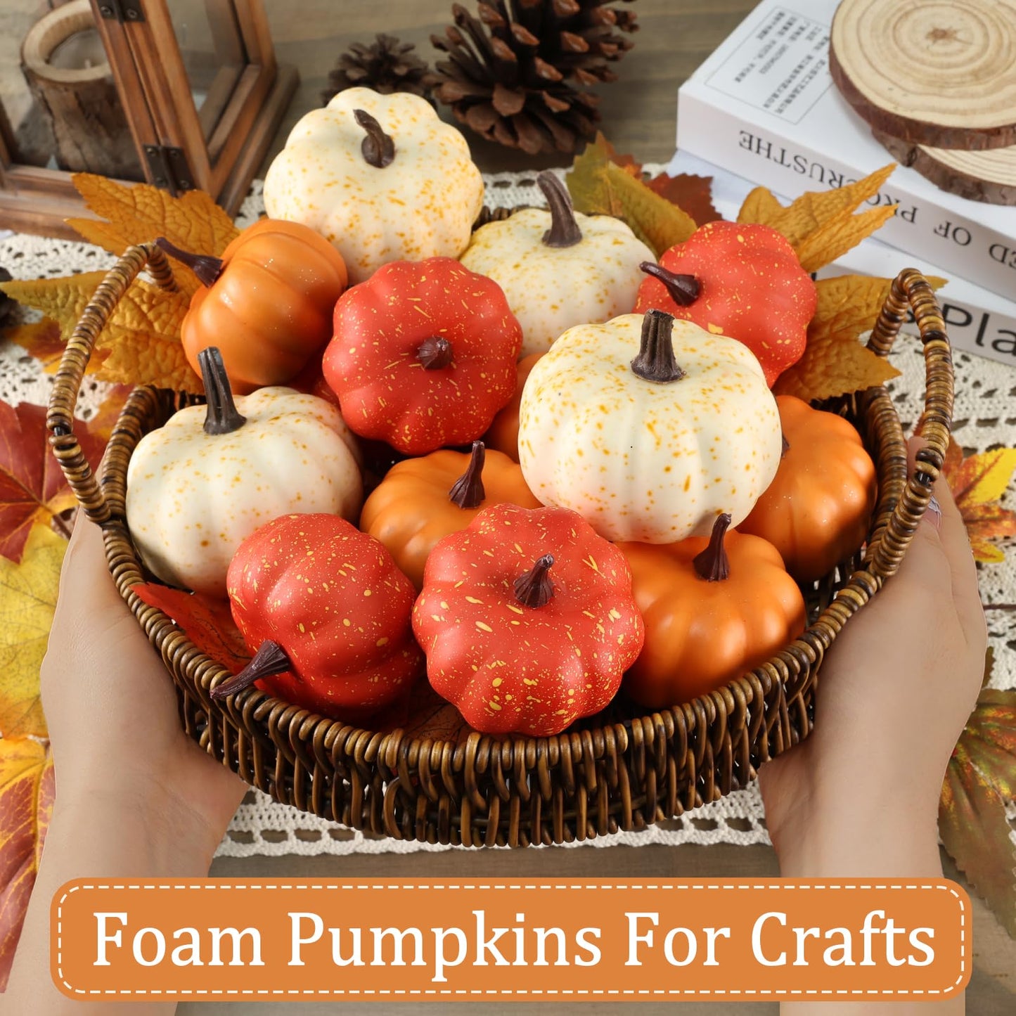 LZNPA 16PCS Artificial Mini Fake Pumpkins Set with Fall Leaves，Foam Plastic Carvable DIY Small White Craft Pumpkins Decor for Thanksgiving Halloween Home Fall Porch Table Decor