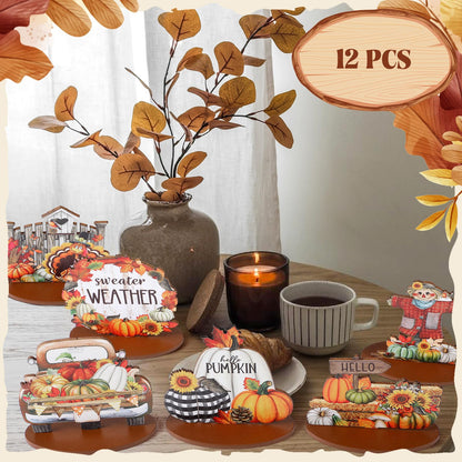 Leinuosen 12 Pcs Fall Table Decorations Thanksgiving Tiered Tray Decor Thanksgiving Centerpieces for Dinner Tables Autumn Gnome Maple Turkey Wooden Sign Fall Decor for Home Kitchen Shelf Farmhouse