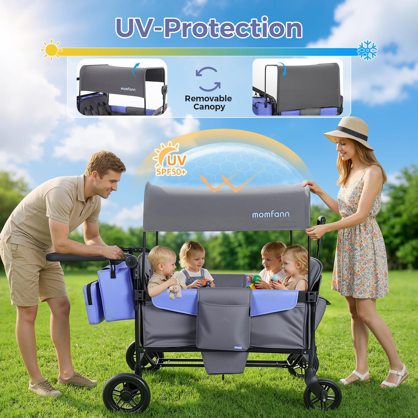 MOMFANN Wagon Stroller for 4 Kids, All-Terrain 4-Seater Folding Wagon with 5-Point Harness, Adjustable Push-Pull Handle, Removable Canopy, Oversized Storage Organizer, Compact Fold - Grey