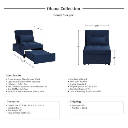 Lexicon Ohana 4-in-1 Storage Ottoman Bench Sleeper Bed, Navy Blue